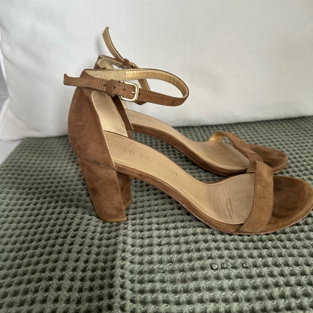 Stuart Weitzman Brown/Tan Suede Open-Toe Ankle-Strap Heels - Picture 3 of 11